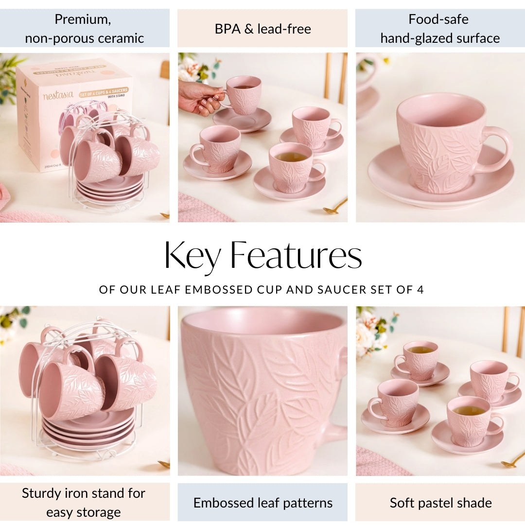 Leaf Embossed Cup And Saucer Set Of 4 With Stand 200ml Online