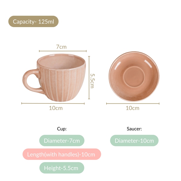 Costola Ceramic Tea Cup And Saucer Set Of 4 Pink 125ml