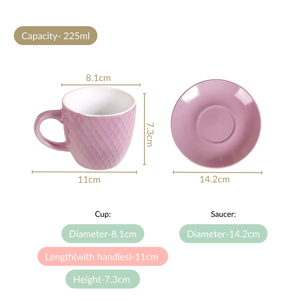 Purple Ceramic Tara Tea Cup Set Of 6 With Saucer 225ml