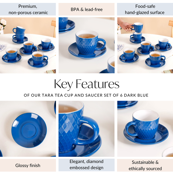 Tara Tea Cup And Saucer Set Of 6 Dark Blue 225ml