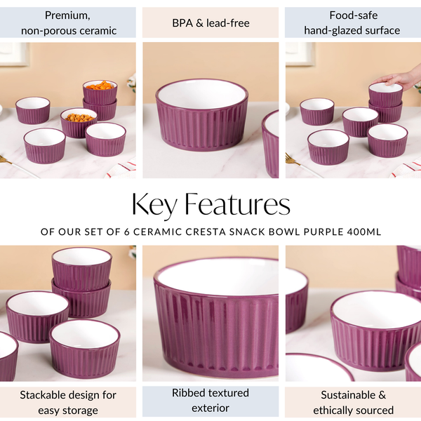 Set of 6 Ceramic Cresta Snack Bowl Purple 400ml