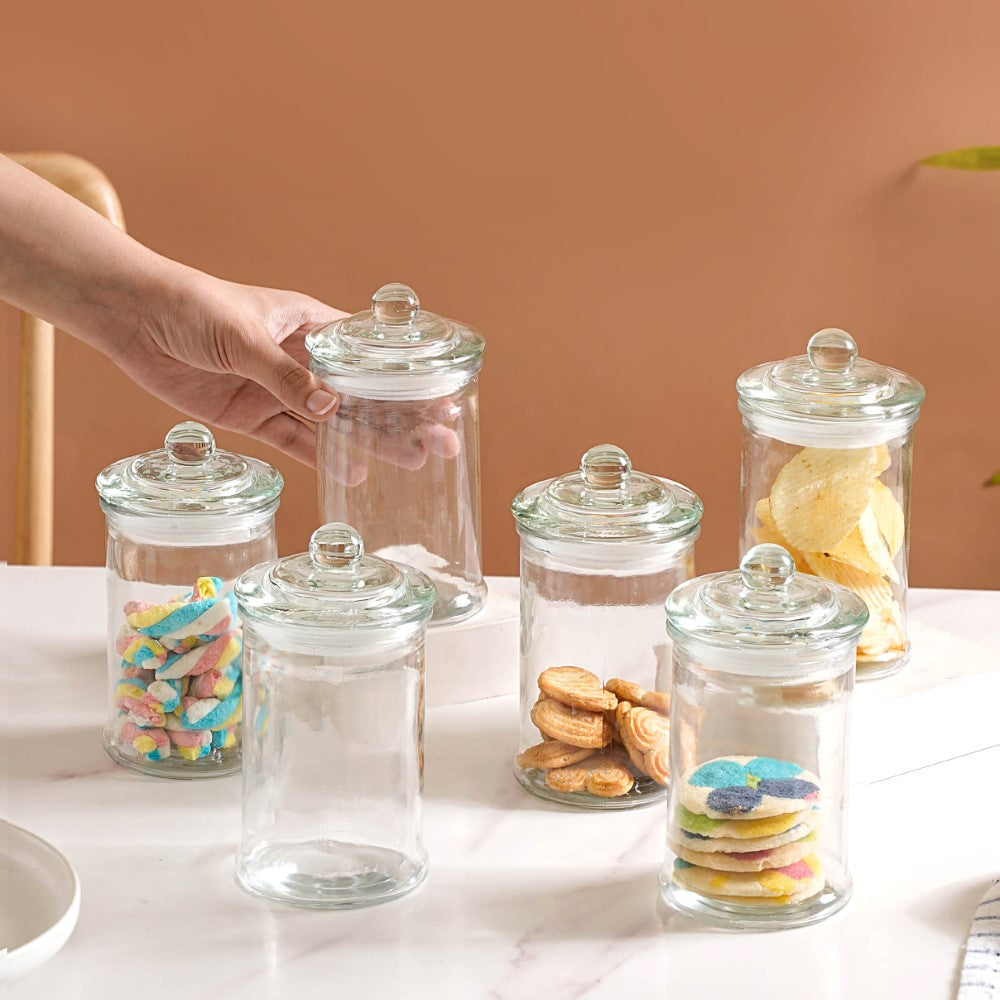 Hand- Painted Snacks & Cookies Jar Set In Glass With Tray (Airtight, Set Of  4, 45