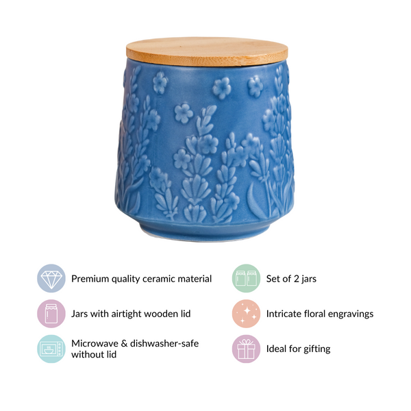 Multipurpose Floral Ceramic Jar Set Of 2 Blue