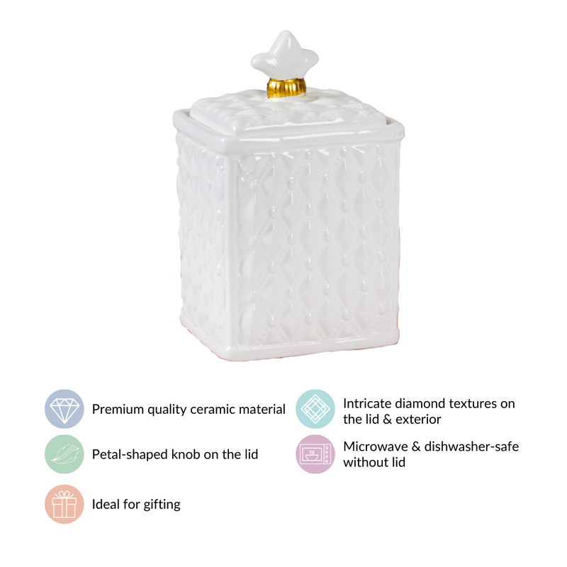 Diamond Textured Ceramic Jar With Lid White