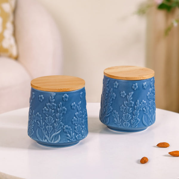 Multipurpose Floral Ceramic Jar Set Of 2 Blue