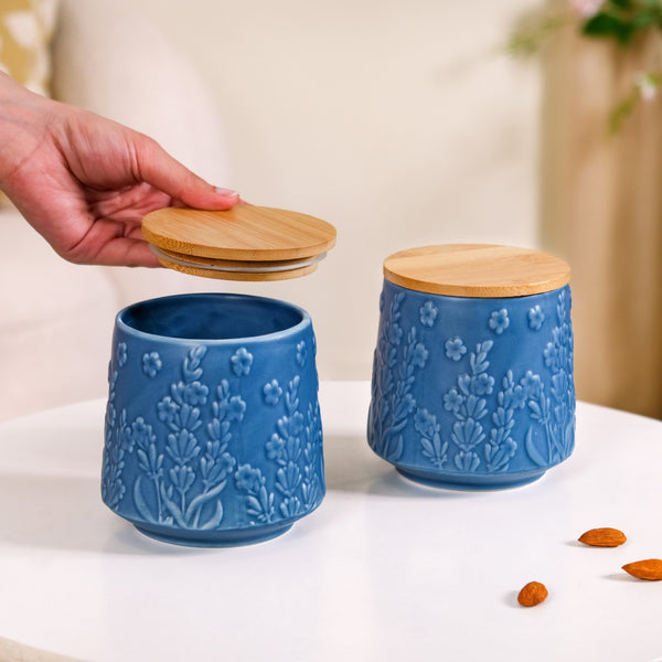 Multipurpose Floral Ceramic Jar Set Of 2 Blue