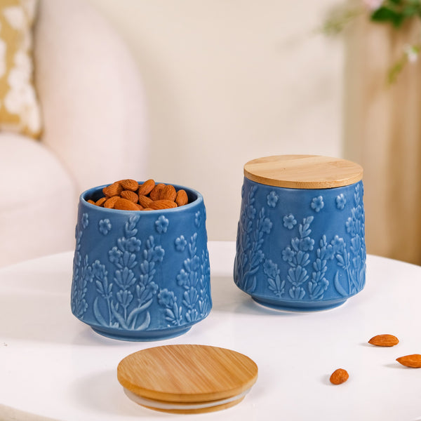 Multipurpose Floral Ceramic Jar Set Of 2 Blue