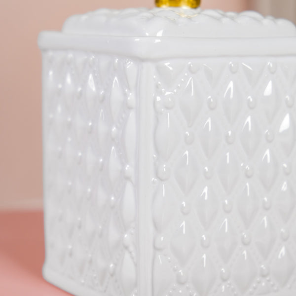 Diamond Textured Ceramic Jar With Lid White
