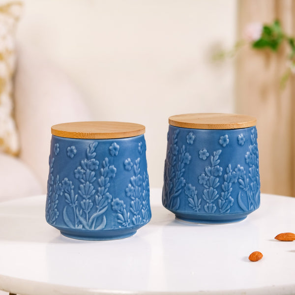 Multipurpose Floral Ceramic Jar Set Of 2 Blue