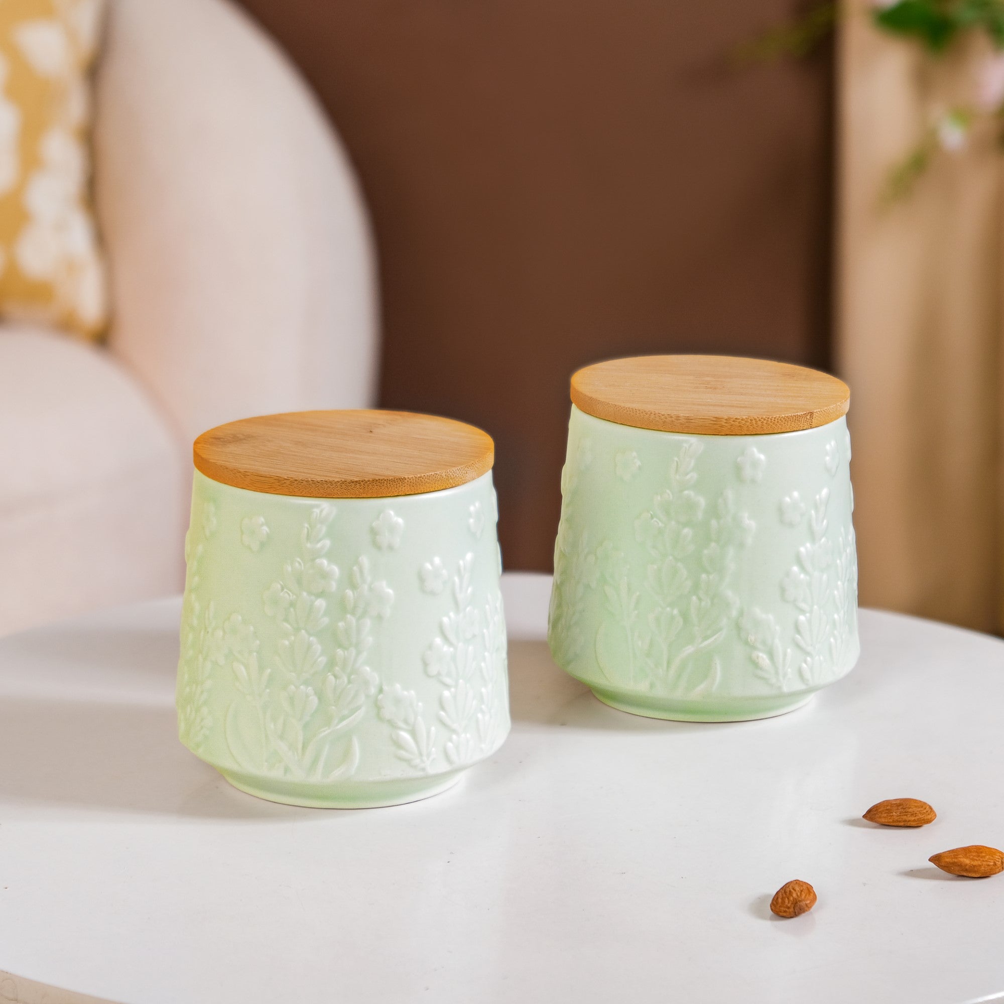 Floral Embossed Ceramic Jar For Storage Set Of 2 Mint Green Online