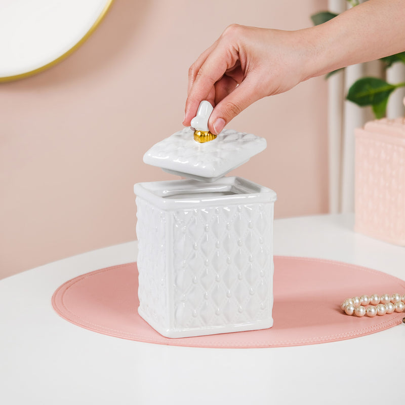Diamond Textured Ceramic Jar With Lid White