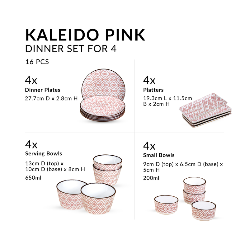 Kaleido Pink 16 Piece Ceramic Dinner Set For 4
