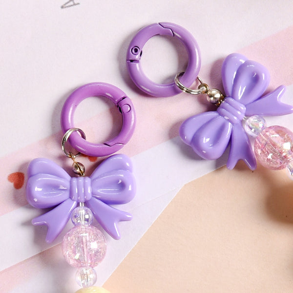 Dual Clasp Keychain With Bow And Beads Purple And White