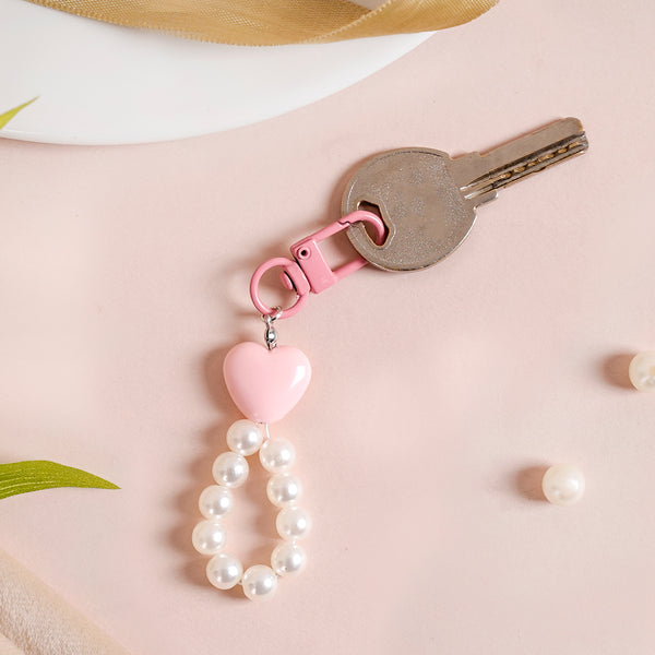 Pink Heart And Pearl Keychain