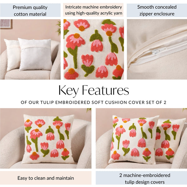 Tulip Embroidered Soft Cushion Cover Set Of 2 40x40cm