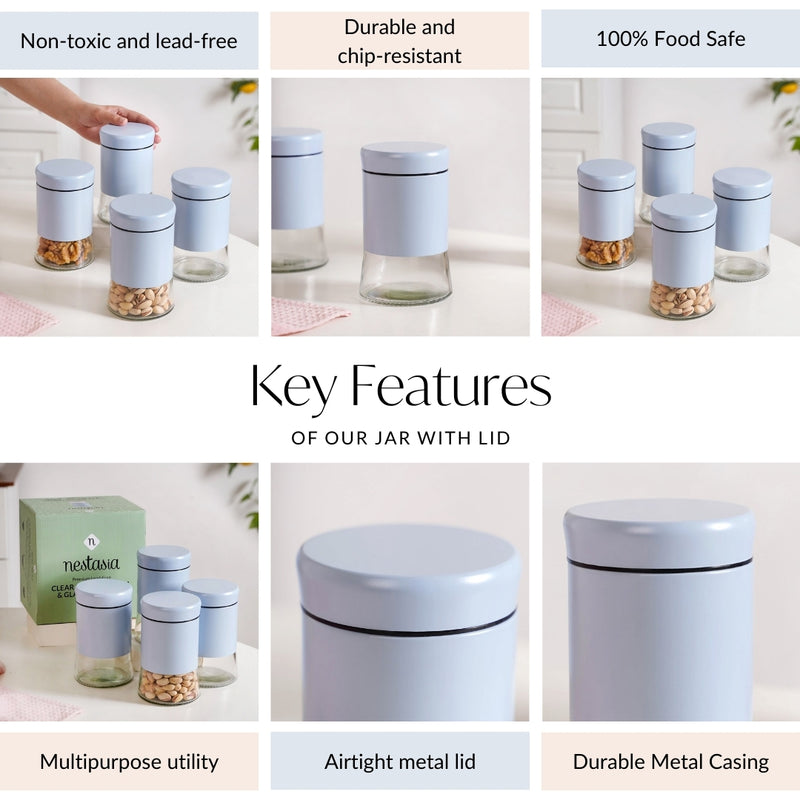 Kitchen Metal Jars With Glass Base Set Of 4 800ml