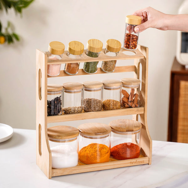 Airtight Spice Jars Set of 13 With Wooden Kitchen Organiser Rack