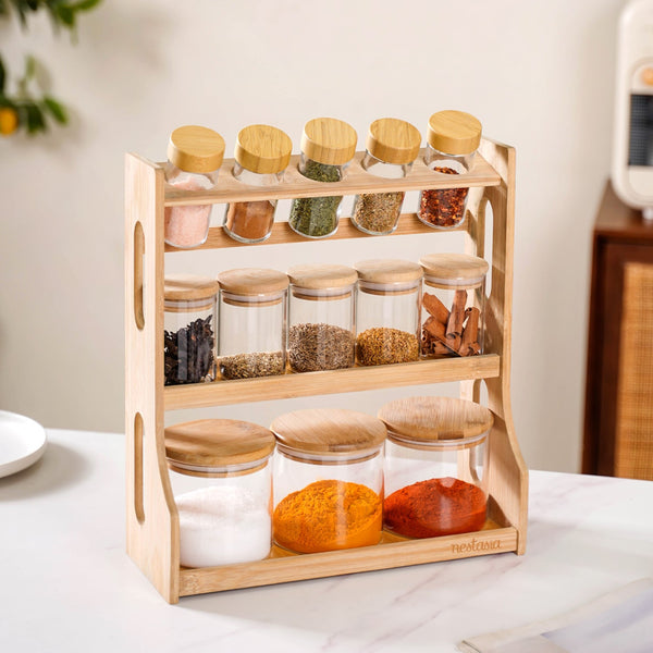 Airtight Spice Jars Set of 13 With Wooden Kitchen Organiser Rack