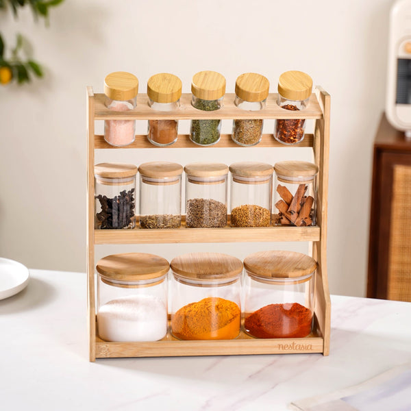 Airtight Spice Jars Set of 13 With Wooden Kitchen Organiser Rack