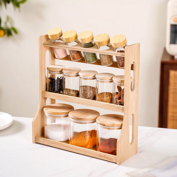 Airtight Spice Jars Set of 13 With Wooden Kitchen Organiser Rack