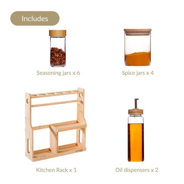 Spice Jars And Oil Bottles Set Of 12 With Wooden Stand