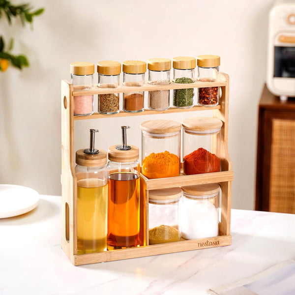 Spice Jars And Oil Bottles Set Of 12 With Wooden Stand