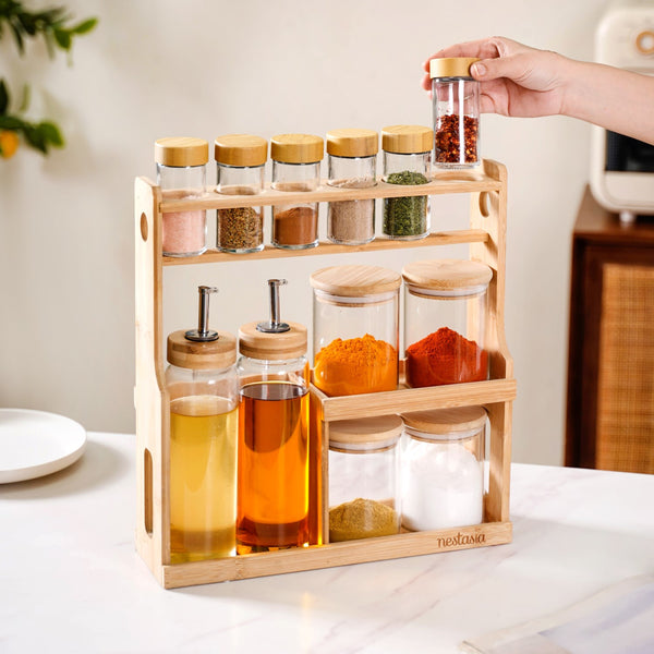 Spice Jars And Oil Bottles Set Of 12 With Wooden Stand