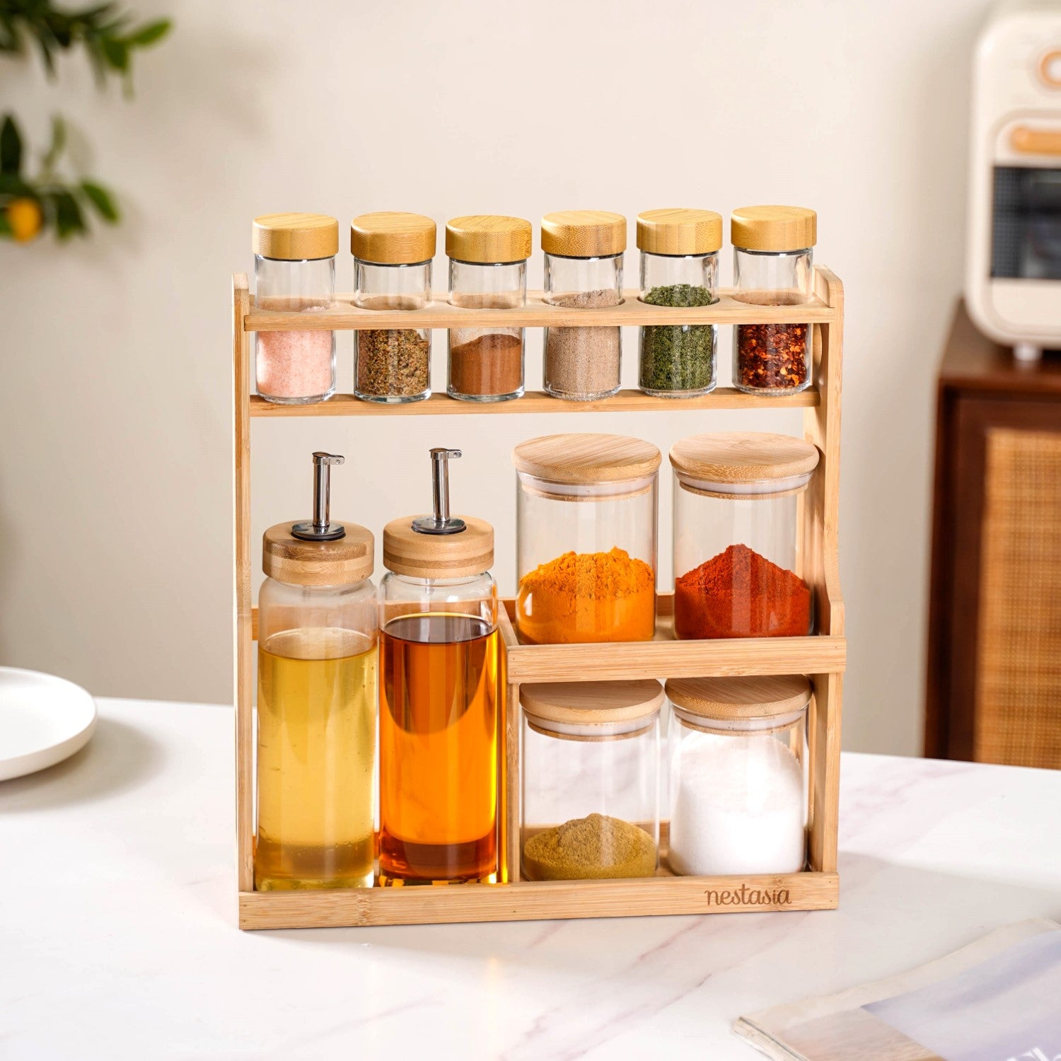 Glass Spice Jar Set And Oil Bottles For Kitchen Nestasia