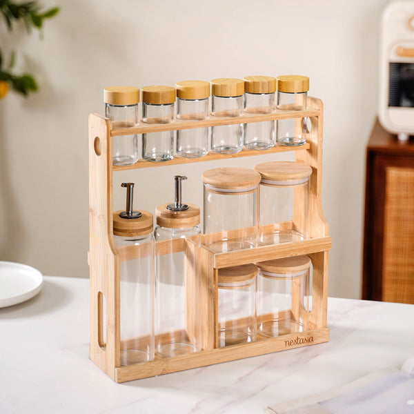 Spice Jars And Oil Bottles Set Of 12 With Wooden Stand