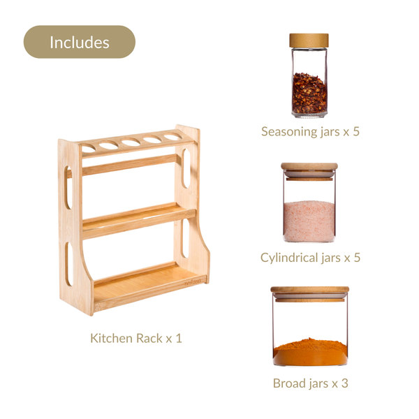 Airtight Spice Jars Set of 13 With Wooden Kitchen Organiser Rack