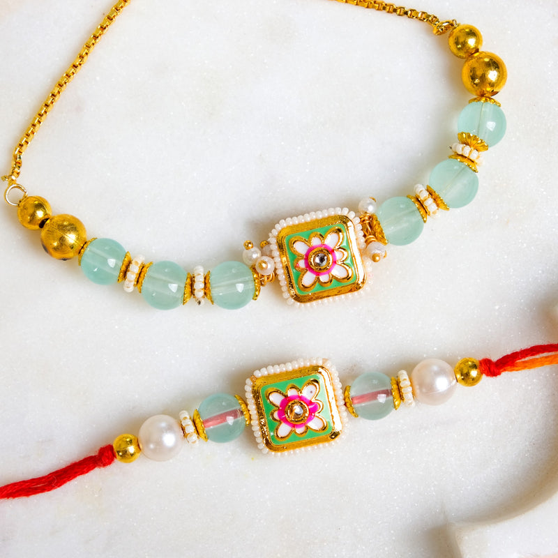Kundan Mughal Motif Rakhi Lumba Gift Set
