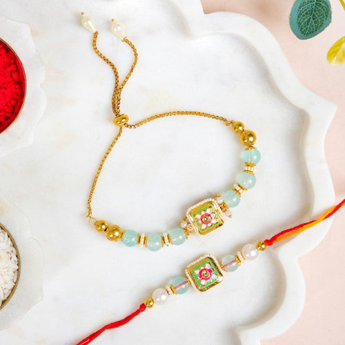 Kundan Mughal Motif Rakhi Lumba Gift Set