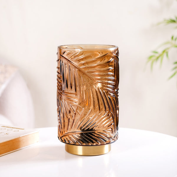 Palm Leaf Brown Glass LED Table Lamp With Auto Timer