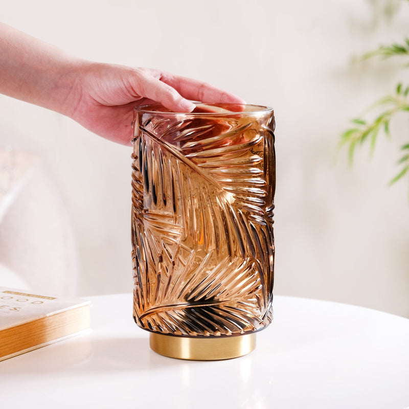 Leaf Textured Brown Glass LED Table Lamp With Auto Timer