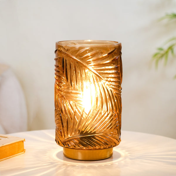 Leaf Textured Brown Glass LED Table Lamp With Auto Timer