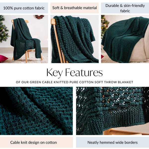 Green Cable Knitted Pure Cotton Soft Throw Blanket