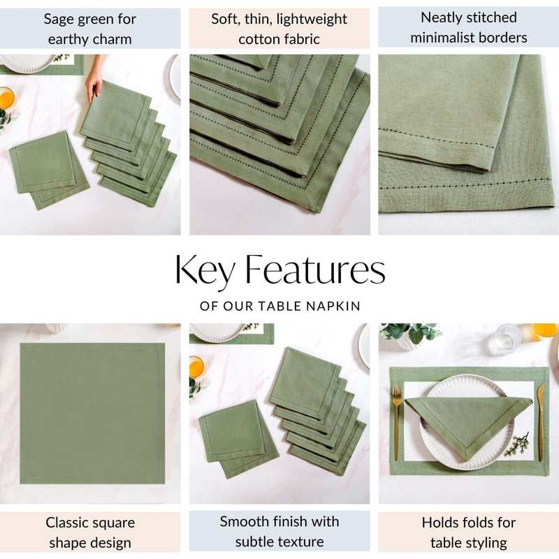 Midori Premium Cotton Hemstitched Dinner Napkins Set Of 6 In Sage Green