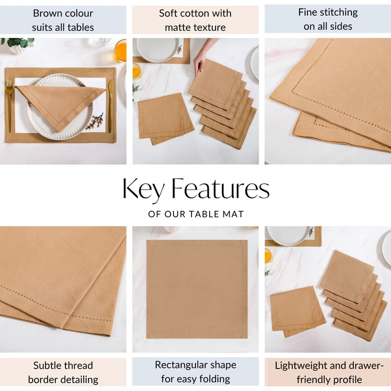 Midori Premium Cotton Hemstitched Dinner Napkins Set Of 6 In Brown