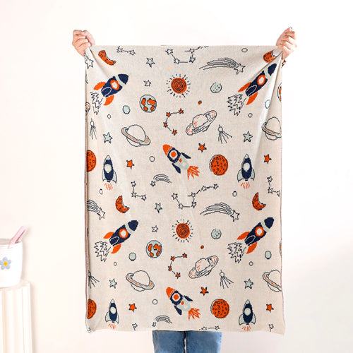 Space Rocket Astronomy Knitted Cotton Throw For Toddlers Small 99x73cm