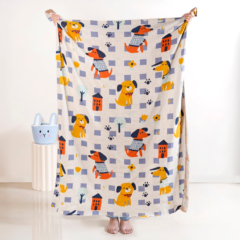 Dog Park Knitted Cotton Throw Blanket For Kids 155x132cm