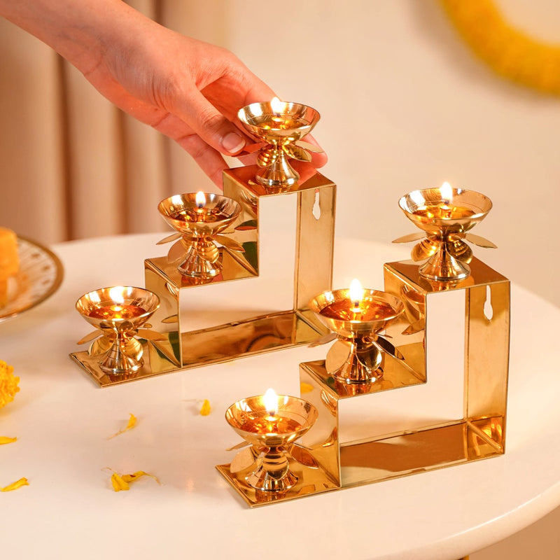 Brass Step Decorative Flower Diya Stand Set Of 2 Gold- Metal diya, lotus diya, diya set, gold diya, decorative diya
