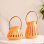 Ceramic Lantern With Handle Set of 2- Ceramic Cutwork Lanterns, Yellow Lantern, Lanterns with Handle, Decorative Ceramic Lanterns, Cutwork Lantern