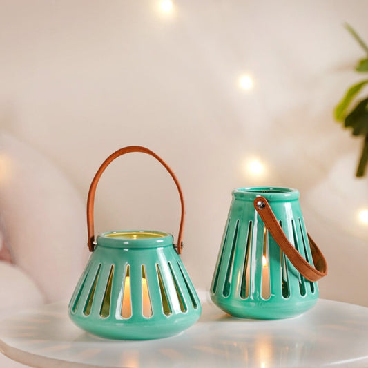 Teal Decorative Cut Out Lantern Candle Holder Set of 2