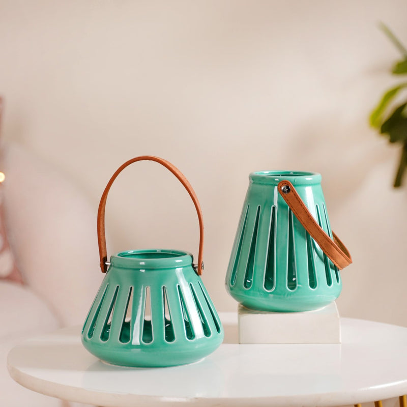 Teal Decorative Cut Out Lantern Candle Holder Set of 2