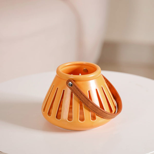 Ceramic Cutwork Yellow Lantern With Handle Set of 2