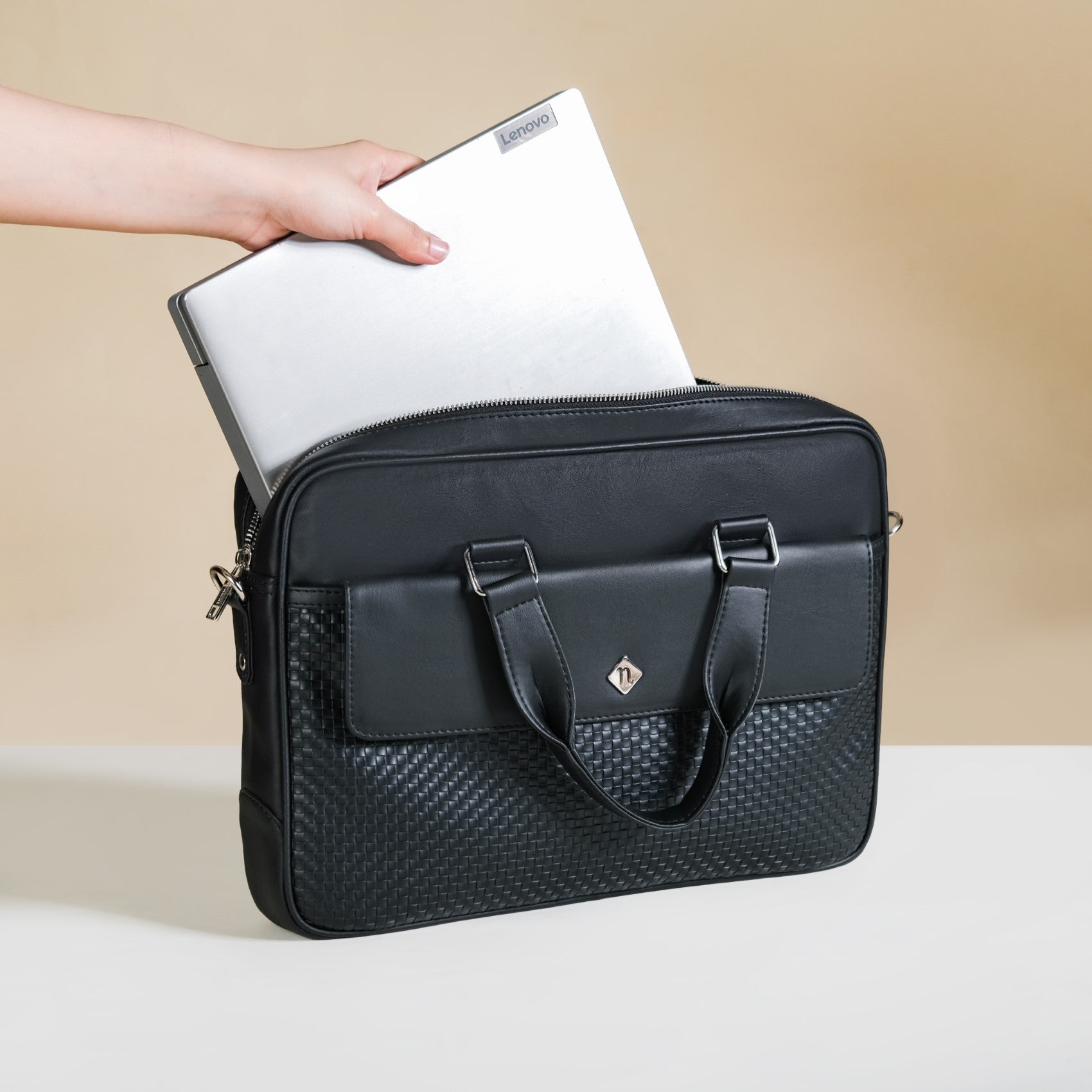 Embossed Vegan Leather Laptop Bag Black - Main Image
