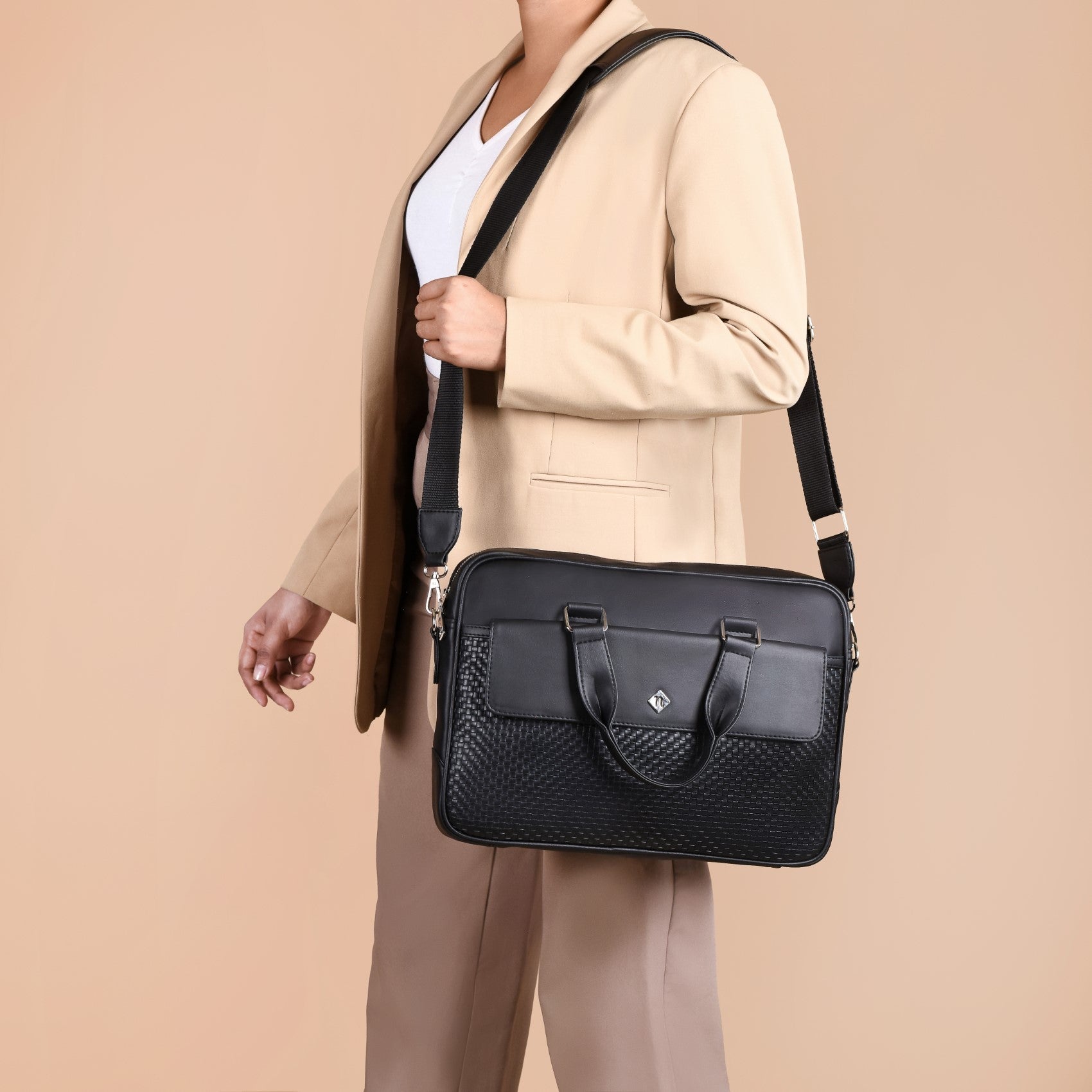 Embossed Vegan Leather Laptop Bag Black - Main Image