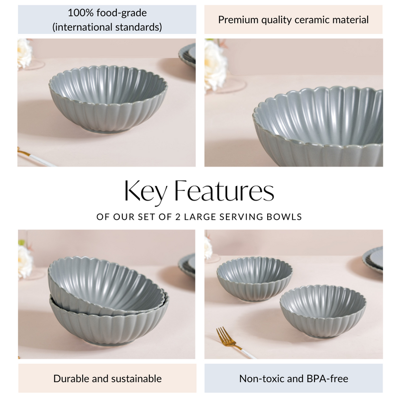 Set Of 2 Large Serving Bowls Scallop Grey 1000ml - Serving bowls, ceramic serving bowls, serving bowls set, large bowls ceramic bowls