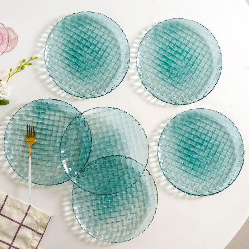 Weave Design Glass Dinner Plate Set Of 6 Teal 25cm