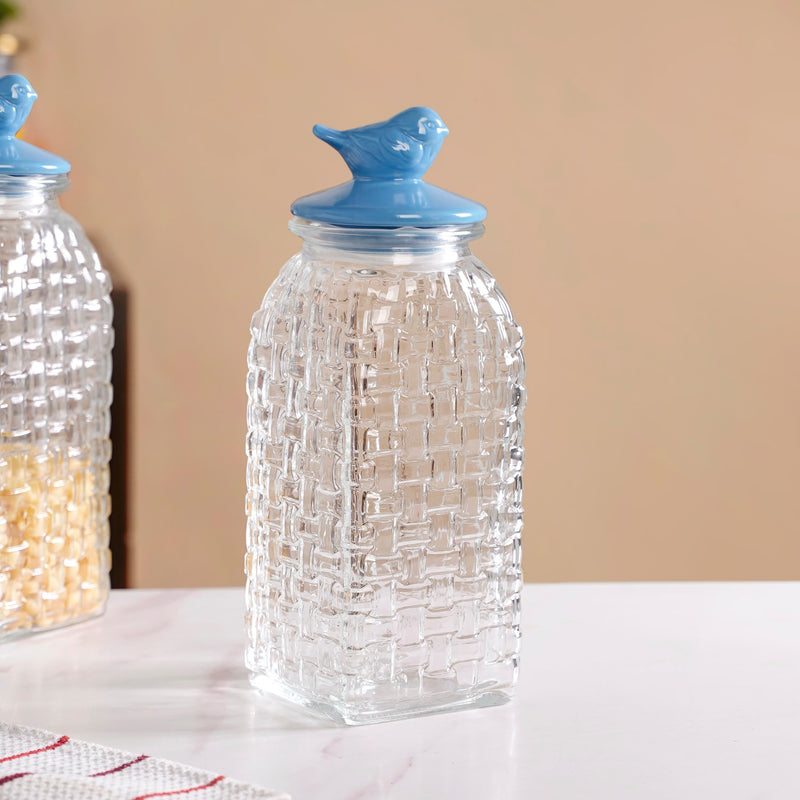 Lattice Glass Storage Container With Blue Bird Lid Set Of 2 2000ml